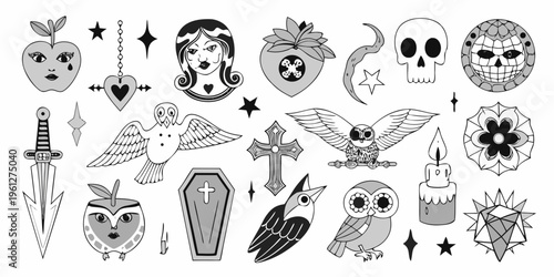 Collection of traditional tattoo flash designs featuring skulls hearts and animals