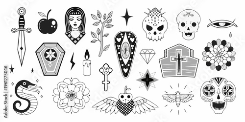 A collection of vintage style flash tattoo designs in black and white