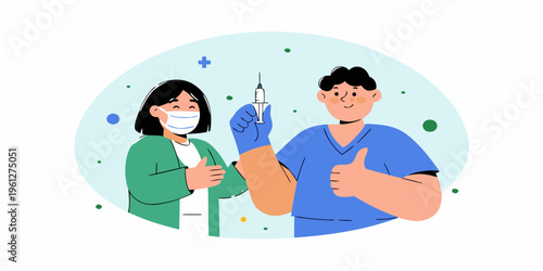 Healthcare workers with a syringe promoting vaccination and public health