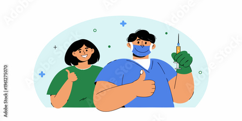 Healthcare workers giving a thumbs up during a vaccination campaign