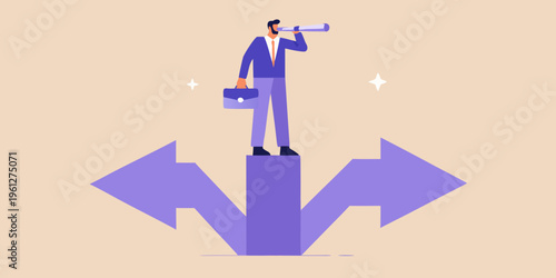 A businessman contemplates a path forward looking through binoculars