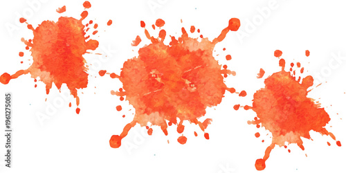 three orange watercolor paint splashes and ink splatters on white background, artistic element