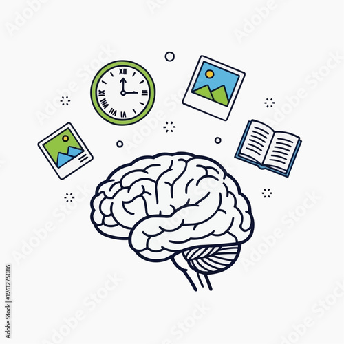 Brain surrounded by clock, photos, and book, representing memory, learning, and the passage of time.