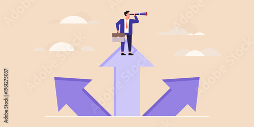 A businessman uses binoculars atop an arrow seeking future opportunities