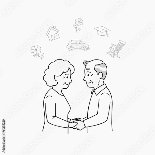Elderly couple holding hands with symbols of dreams and aspirations above their heads