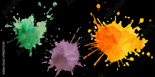 Abstract watercolor paint splashes and ink splatters on black background; colorful artistic drops for creative design