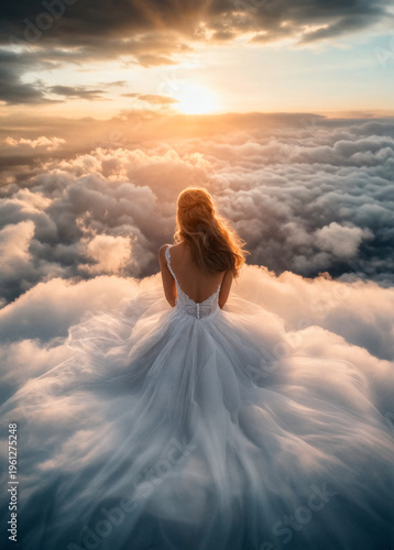 Woman in flowing white wedding dress sitting above clouds at sunrise with golden light and dreamlike atmosphere
