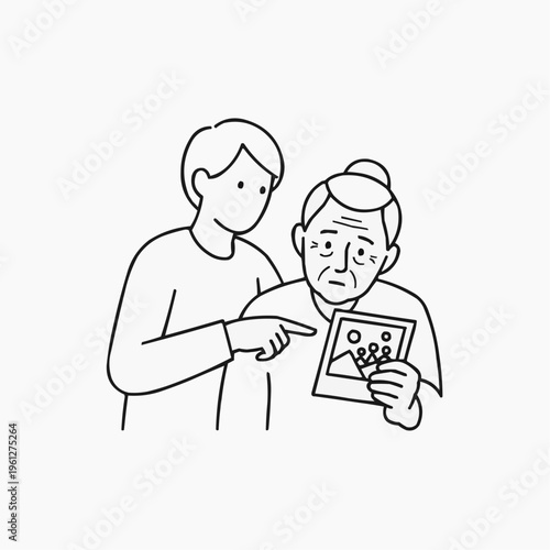 Young person points at old photo with an elder, reminiscing about memories