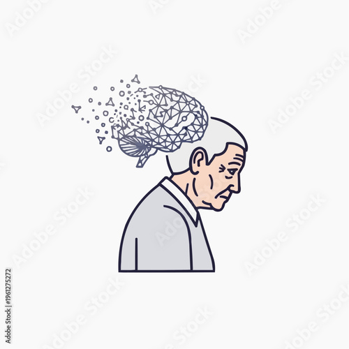 Elderly man's brain disintegrates into digital fragments, symbolizing memory loss