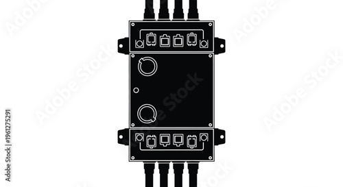 Detailed black electronic device front panel with ports a stark silhouette