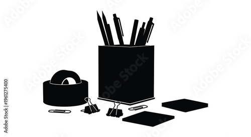 Stationery set including pens clips and a tape dispenser silhouette