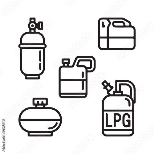 Minimalist Line Icon Set of Gas Cylinders, LPG Tank, and Fuel Jerry Cans