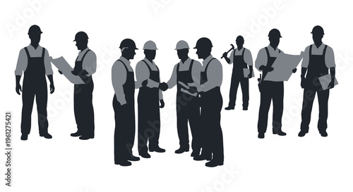 Construction workers in a meeting discussing plans black silhouette
