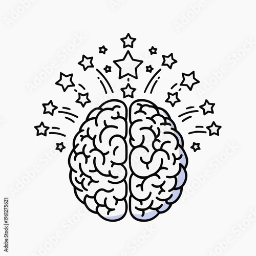 Illustration of a human brain with stars bursting outwards, symbolizing a breakthrough or great idea.