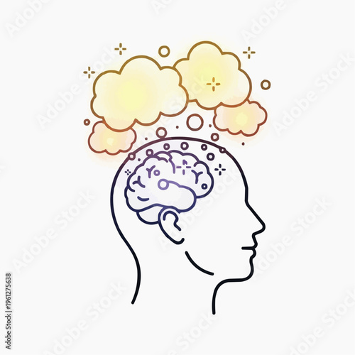 Outline of a human head with a stylized brain and colorful thought clouds, representing imagination.