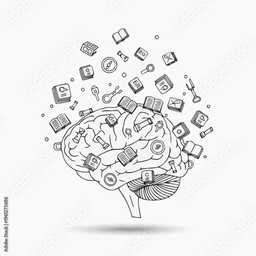 Doodle-style brain surrounded by scattered books, keys, and magnifying glasses.