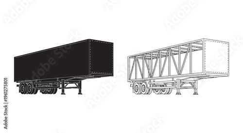 Detailed trailer design illustration with a stark black silhouette