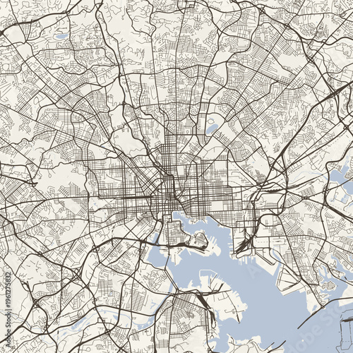 Baltimore City Map Sophisticated Geometric Urban Topography Featuring Meticulous Linework and Balanced Composition in a Timeless Minimalist Scandinavian Blueprint Aesthetic for Modern Art Galleries.