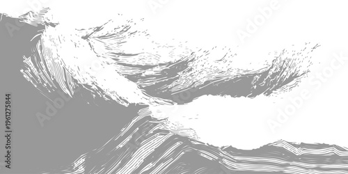 Gray and white 3D mountain range landscape, abstract topographic terrain mesh, minimalist rocky peaks on white background