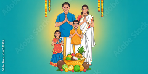 Indian family, traditional clothing, cultural illustration, festive background
