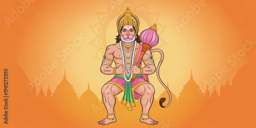 Hindu god Hanuman, Indian mythology vector, orange background, religious icon, muscular monkey deity