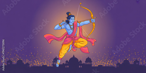 Hindu god Rama, mythical archer, Indian mythology, vector illustration, blue skin, yellow and orange clothing