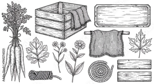 Black and white illustration of gardening tools and plants.