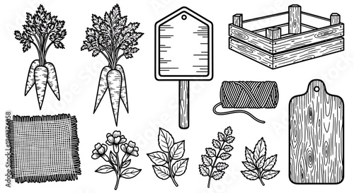 Black and white illustrations of garden and kitchen items.