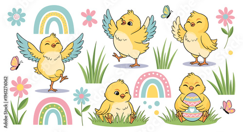 Cute cartoon chicks with flowers and rainbows.