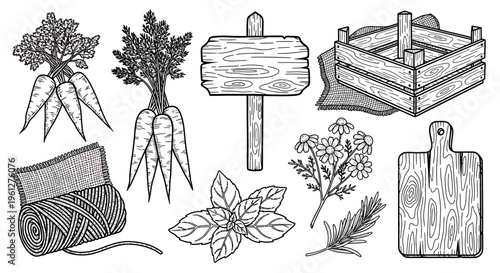 A collection of garden and farm illustrations.