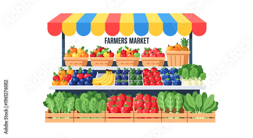 Colorful illustration of a farmers market stand.