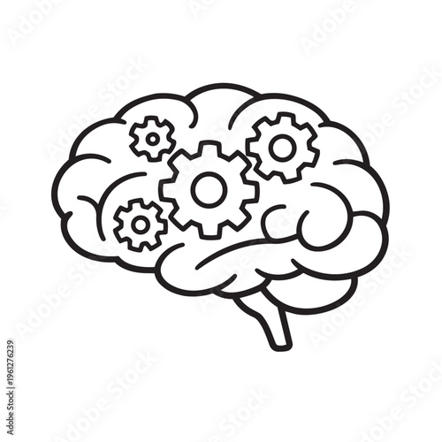 Brain with gears inside representing innovative thinking and problem solving skills in a simple vector graphic design