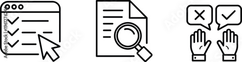 Online Voting and Quality Control Web Review Line Icons  choice, decision, online, web, browser, checklist, task, management, audit, review, research, document, magnifying glass, 