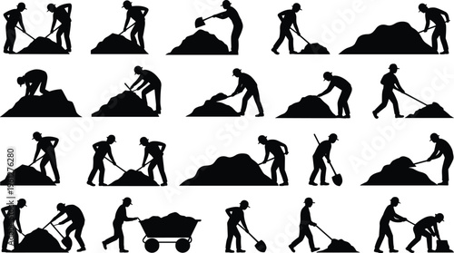 Manual labor silhouettes, workers shoveling dirt, digging ground, lifting material, wheelbarrow transport, construction site, physical work, industrial workforce, outdoor tasks
