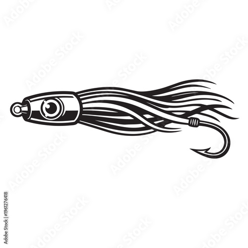 Black and white vector illustration of a fishing lure with a hook and feathers