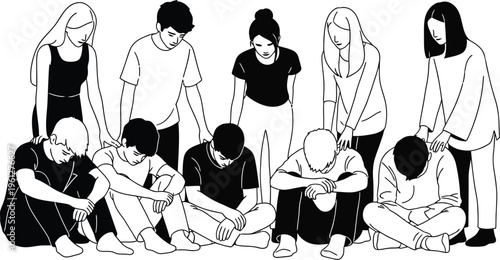 Black and white line art illustration depicting a group of young people offering comfort and support to their distressed friends sitting on the ground.