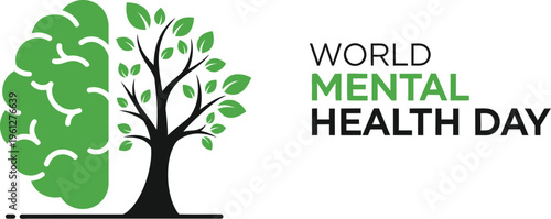 World Mental Health Day vector illustration featuring a green brain and a growing tree symbolizing well-being and growth on a clean white background.