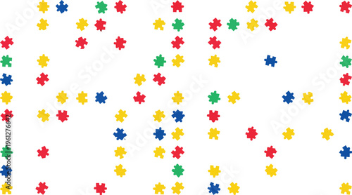 A colorful arrangement of puzzle pieces on a white background