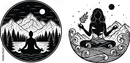 Two black and white illustrations depicting people meditating in serene natural landscapes under a starry night sky.
