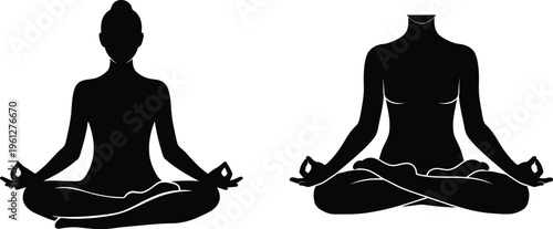 Two black silhouettes of women meditating in lotus position against a clean white background, representing peace and mindfulness.