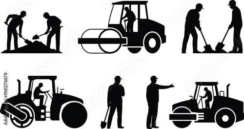 Road construction silhouettes, workers with shovels, road roller machinery, teamwork on site, heavy equipment, industrial tools, construction industry, engineering workforce