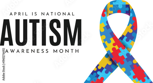 A colorful puzzle ribbon for Autism Awareness Month on a white background