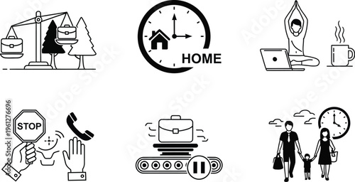 Work-life balance and time management line icons set, illustrating daily routines, home, family, and personal well-being concepts.