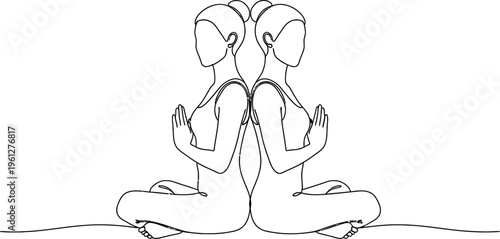 Minimalist continuous line art illustration showing two women sitting back to back in a peaceful meditation pose