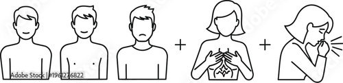 A collection of black and white line art icons illustrating various health symptoms including coughing, respiratory issues, and general malaise.