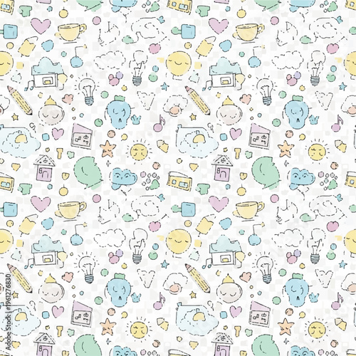 Playful pastel doodle pattern featuring hearts balloons stars and cute icons for joyful designs.
