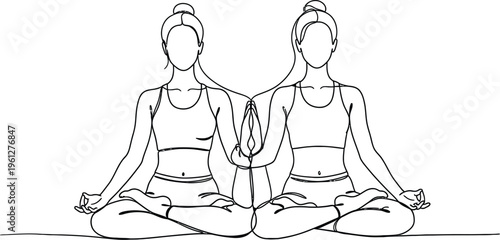 Continuous line art drawing of two women meditating in a mirrored pose, sitting cross-legged in a peaceful yoga position.