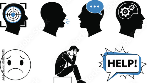 A comprehensive set of mental health icons illustrating stress, communication issues, depression, and the need for help.
