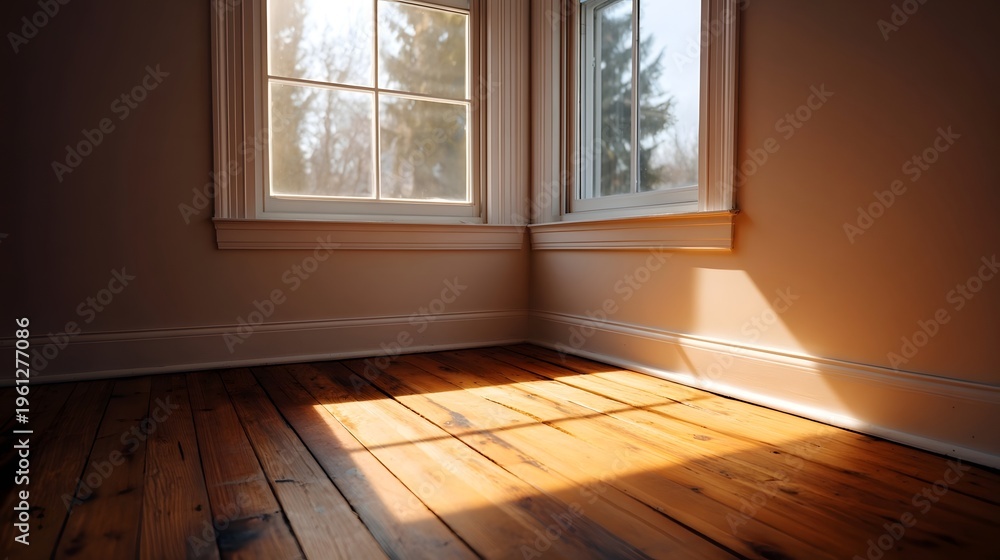 Fototapeta premium Warm sunlight streams through creating geometric patterns on an empty room s wooden floor