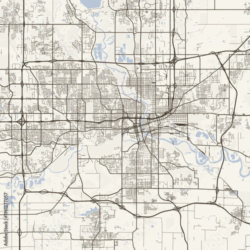 Des Moines City Map Sophisticated Geometric Urban Topography Featuring Meticulous Linework and Balanced Composition in a Timeless Minimalist Scandinavian Blueprint Aesthetic for Workspace Interior.